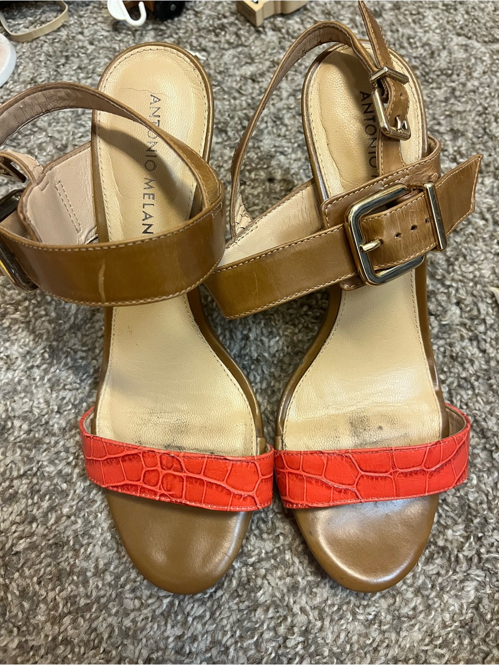 Antonio Melani Tan and Coral Croc-Embossed Leather Sandals